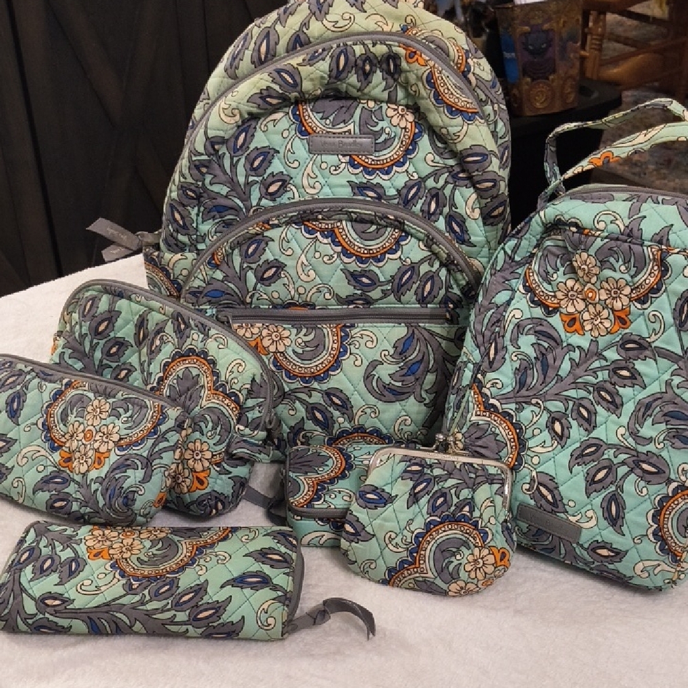 Vera Bradley Floral Backpack and Accessories Set - Mint and Gray